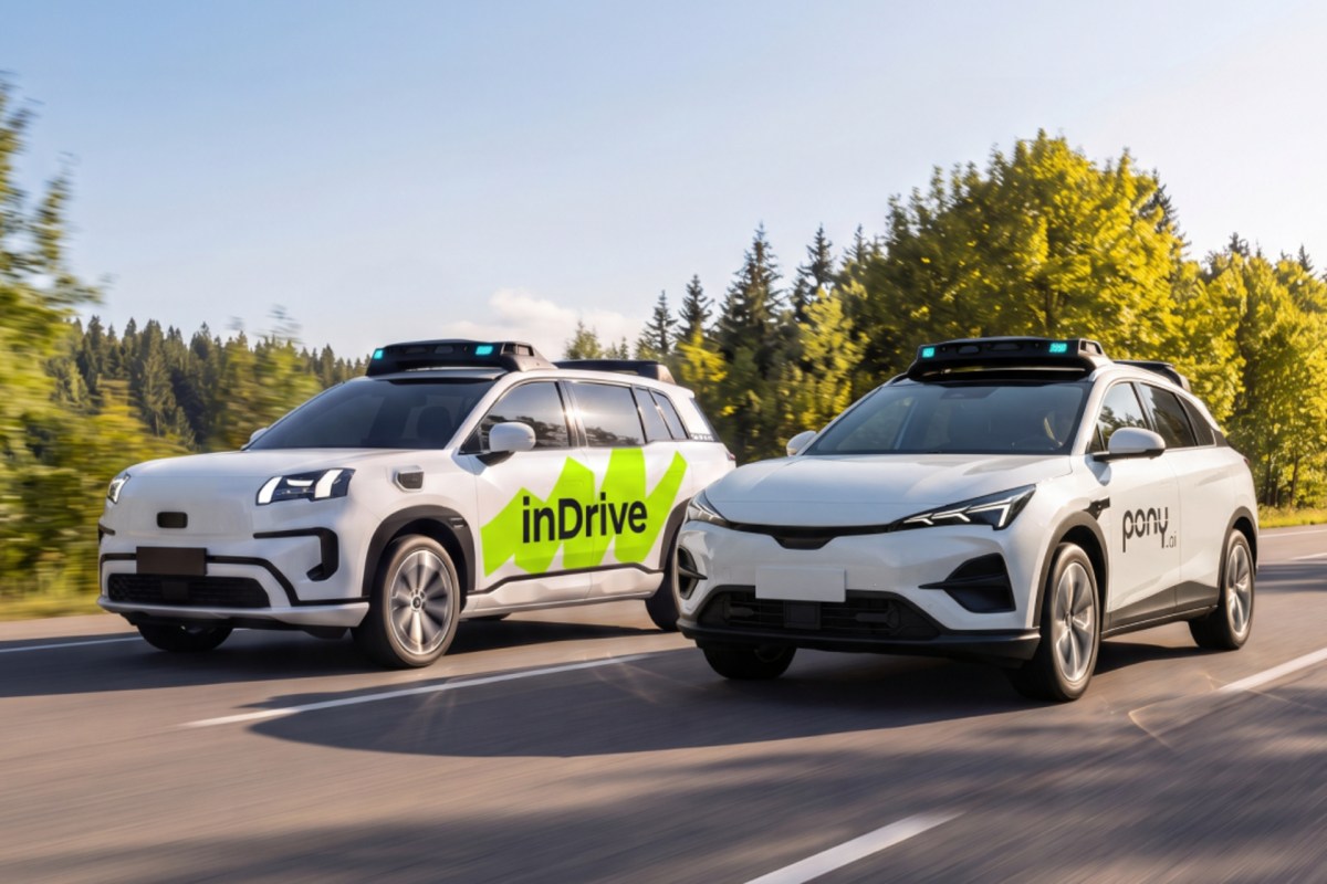 inDrive, Pony.ai, and Nvidia logos with a robotaxi in Astana, Kazakhstan
