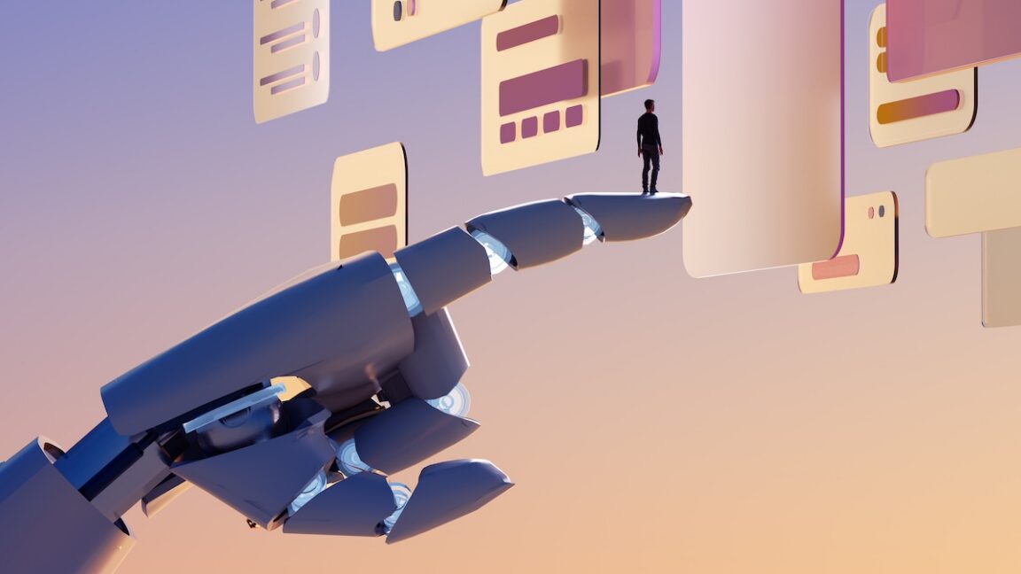 Illustration of an AI chatbot interface overlaid on a hijacked email inbox, representing the EvilTokens account-takeover service