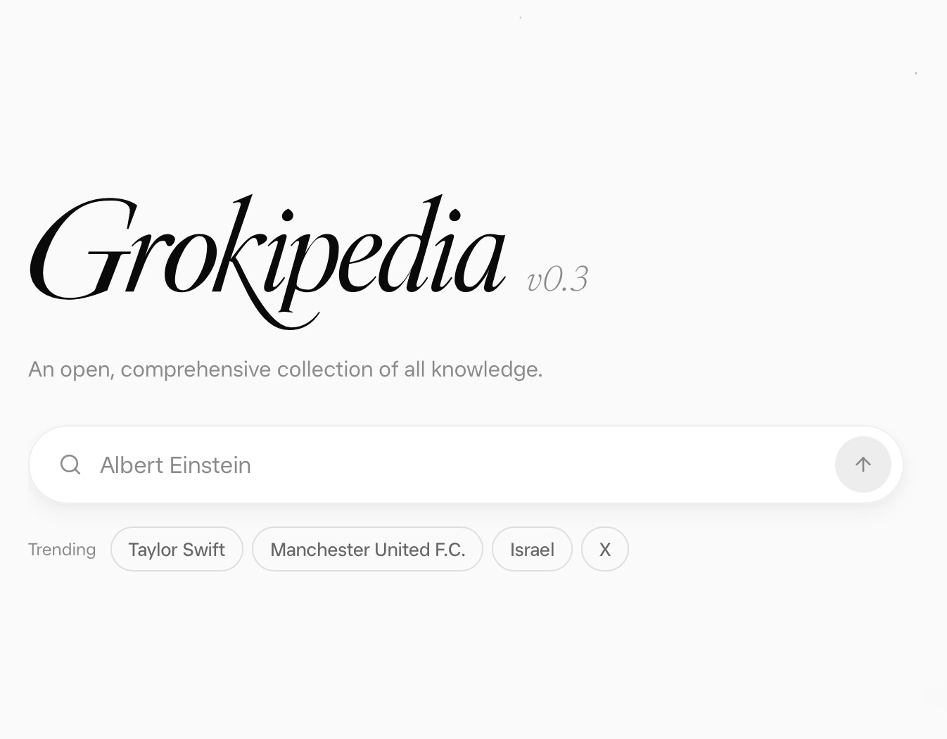 Screenshot of the redesigned Grokipedia homepage showing a search bar, featured article tiles, a most-read book shelf, and a latest edits tracker.