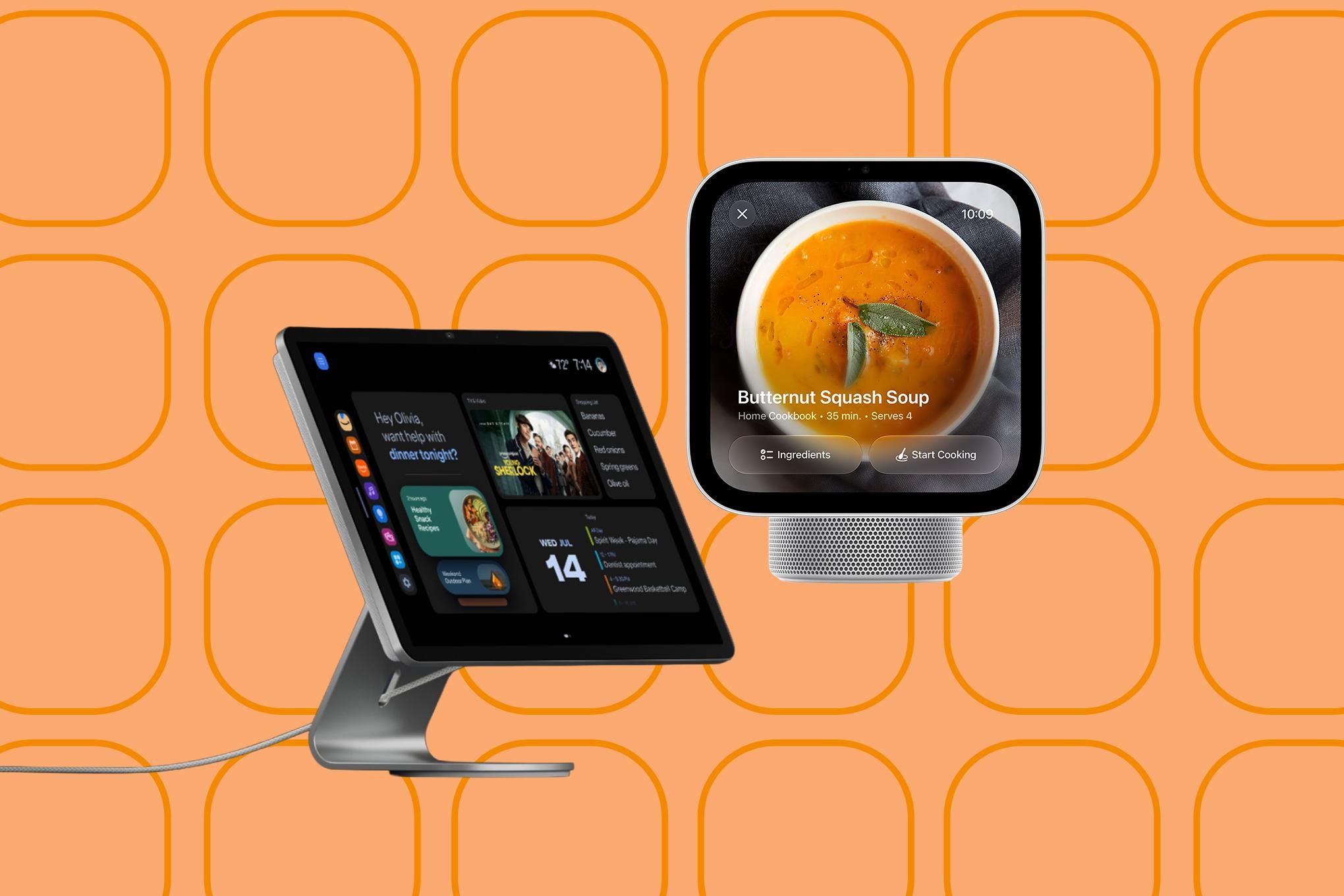 Apple HomeView and Amazon Echo Show 16 smart displays side by side, showcasing their large touchscreens and sleek designs.