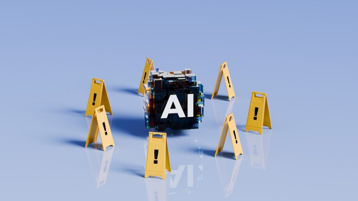 An illustration showing a small AI model replicating across various IoT devices like smart fridges and vacuum cleaners, with a warning symbol.